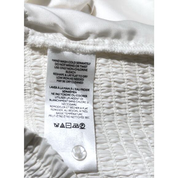 NWT Anthropologie Sz M White Silky Tie Waist Cropped Blouse Smocked French Cuff - Picture 9 of 10